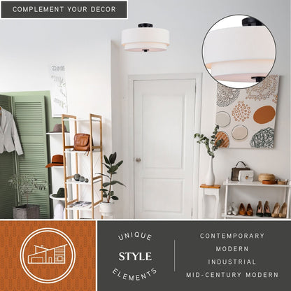 Luminaire de plafond à abat-jour blanc en lin, style moderne du milieu du siècle, modèle Burnaby.