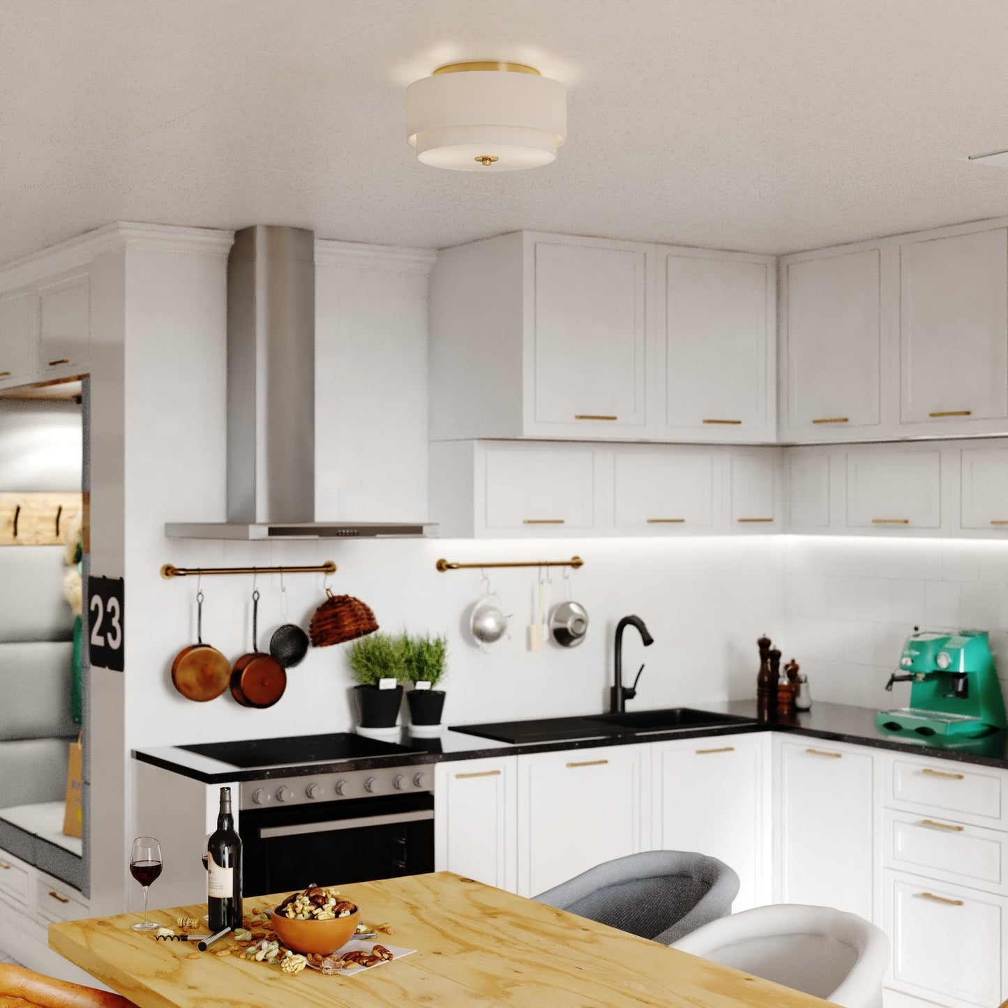 Luminaire de plafond à abat-jour blanc en lin, style moderne du milieu du siècle, modèle Burnaby.