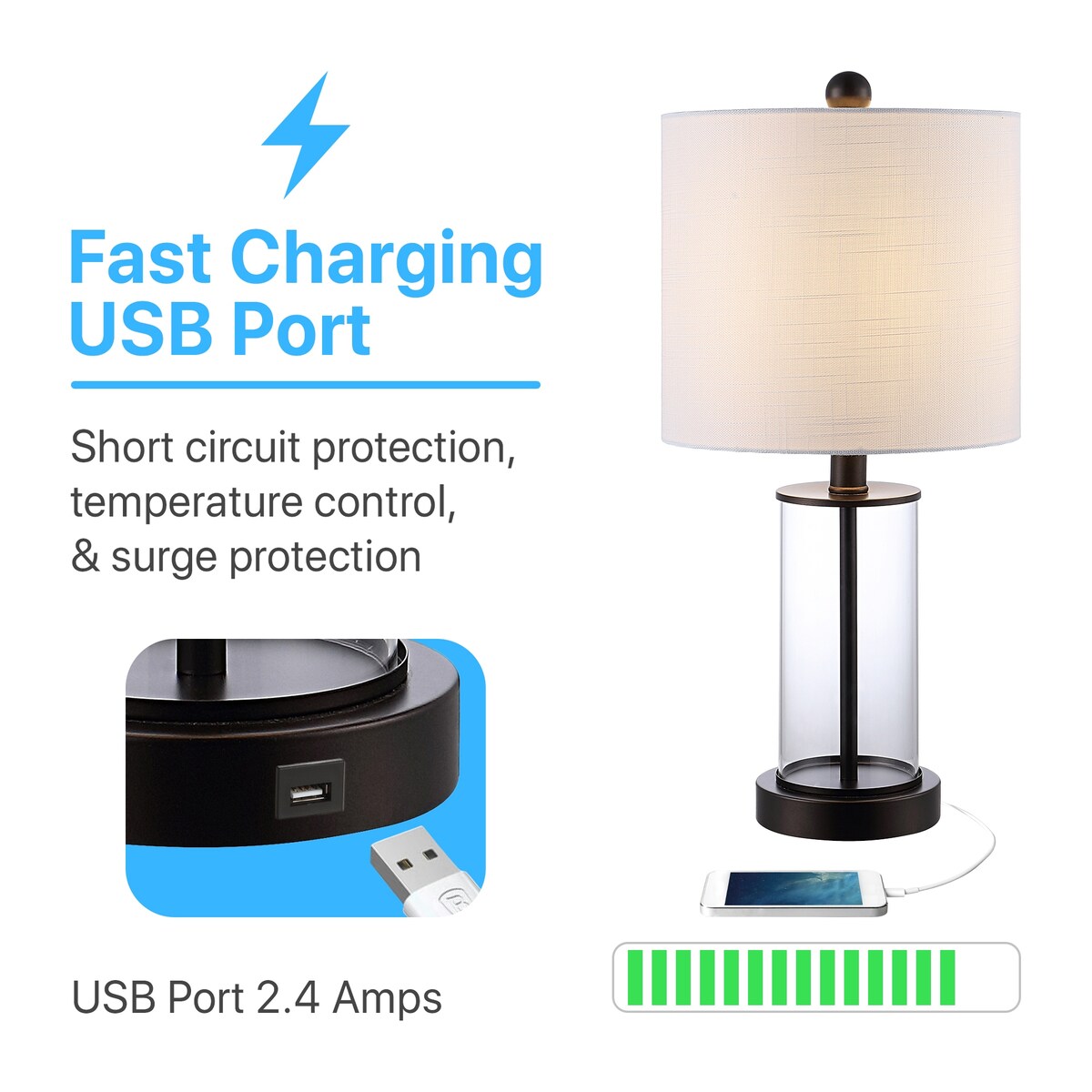 Lampe de table LED Cabell 21 en verre, style moderne et contemporain, avec port de charge USB, bronze vieilli (lot de 2) par JONATHAN Y