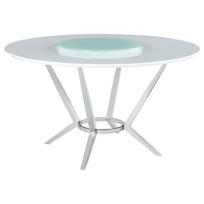Table de salle à manger ronde Abby avec plateau tournant Lazy Susan, blanc et chrome