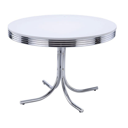 Table de salle à manger ronde rétro, blanc brillant et chrome.