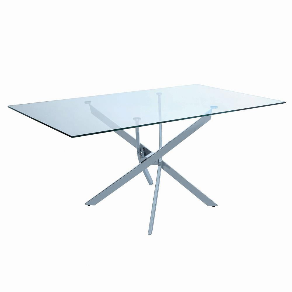 Table de salle à manger Carmelo en forme de X, chromée et transparente