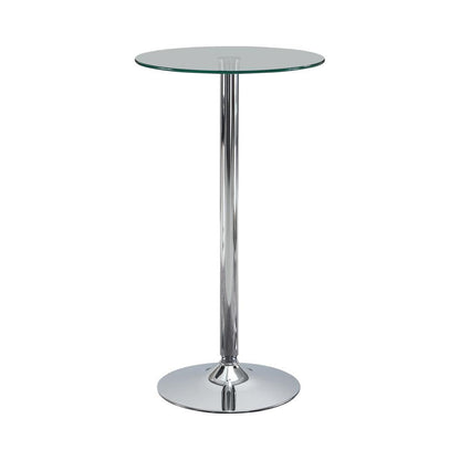 Table de bar ronde avec plateau en verre et pieds chromés, modèle Abilene