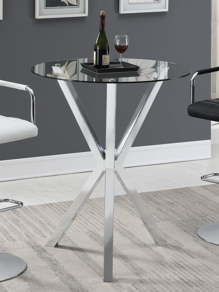 Table de bar ronde Denali avec plateau en verre et pieds chromés