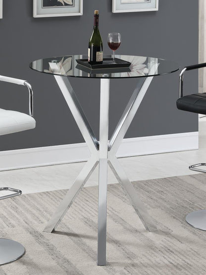 Table de bar ronde Denali avec plateau en verre et pieds chromés