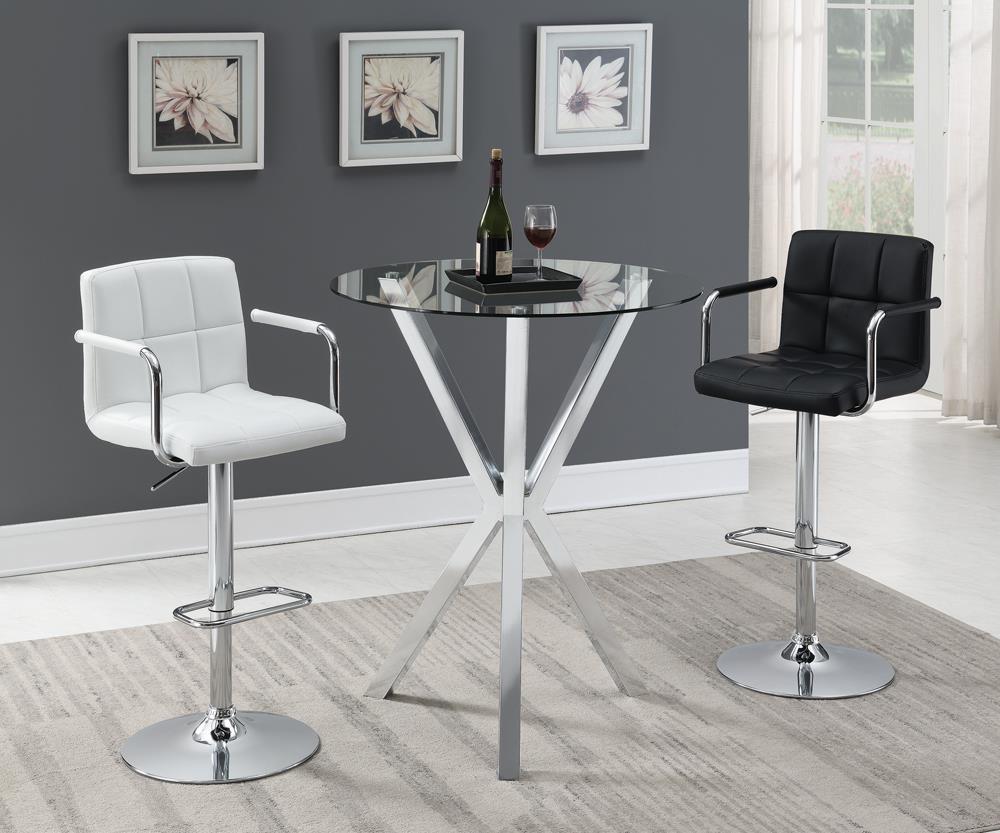 Table de bar ronde Denali avec plateau en verre et pieds chromés