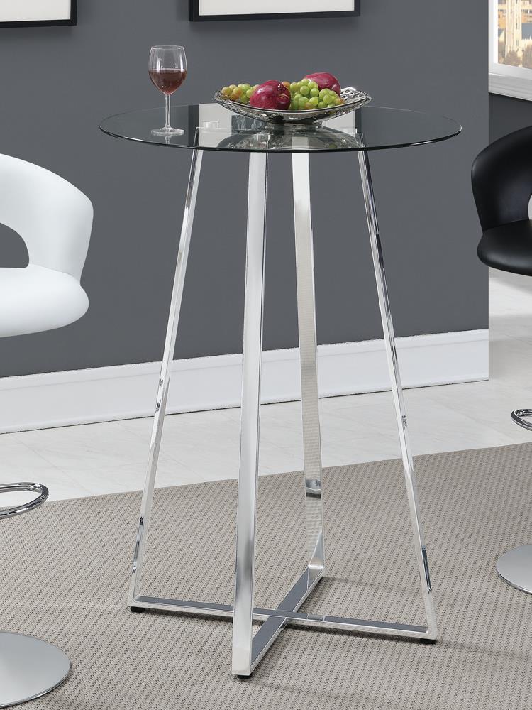 Table de bar Zanella avec plateau en verre et pieds chromés