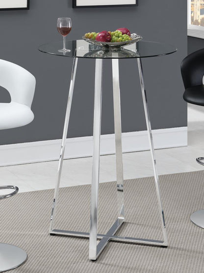 Table de bar Zanella avec plateau en verre et pieds chromés