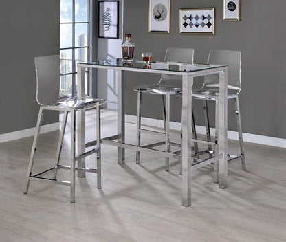 Table de bar Tolbert avec plateau en verre et pieds chromés