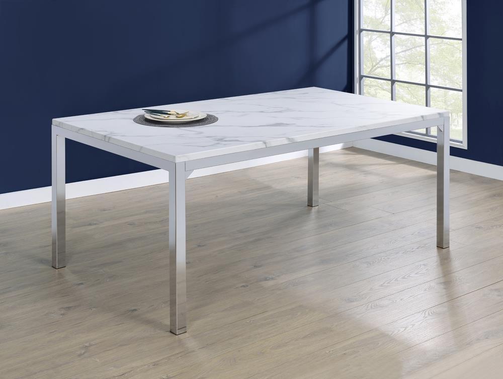 Table à manger rectangulaire Athena avec plateau en marbre et pieds chromés