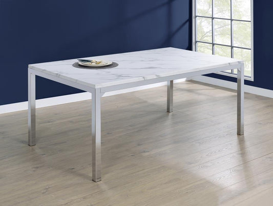 Table à manger rectangulaire Athena avec plateau en marbre et pieds chromés