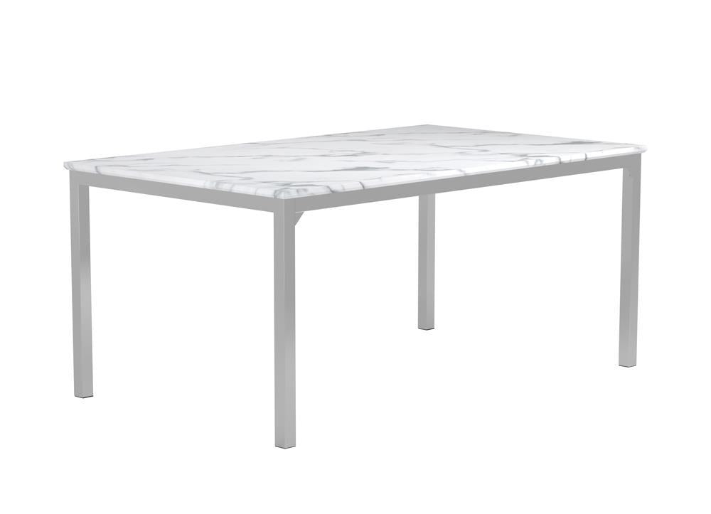 Table à manger rectangulaire Athena avec plateau en marbre et pieds chromés