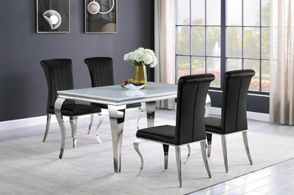 Table de salle à manger rectangulaire Carone avec plateau en verre, blanc et chrome