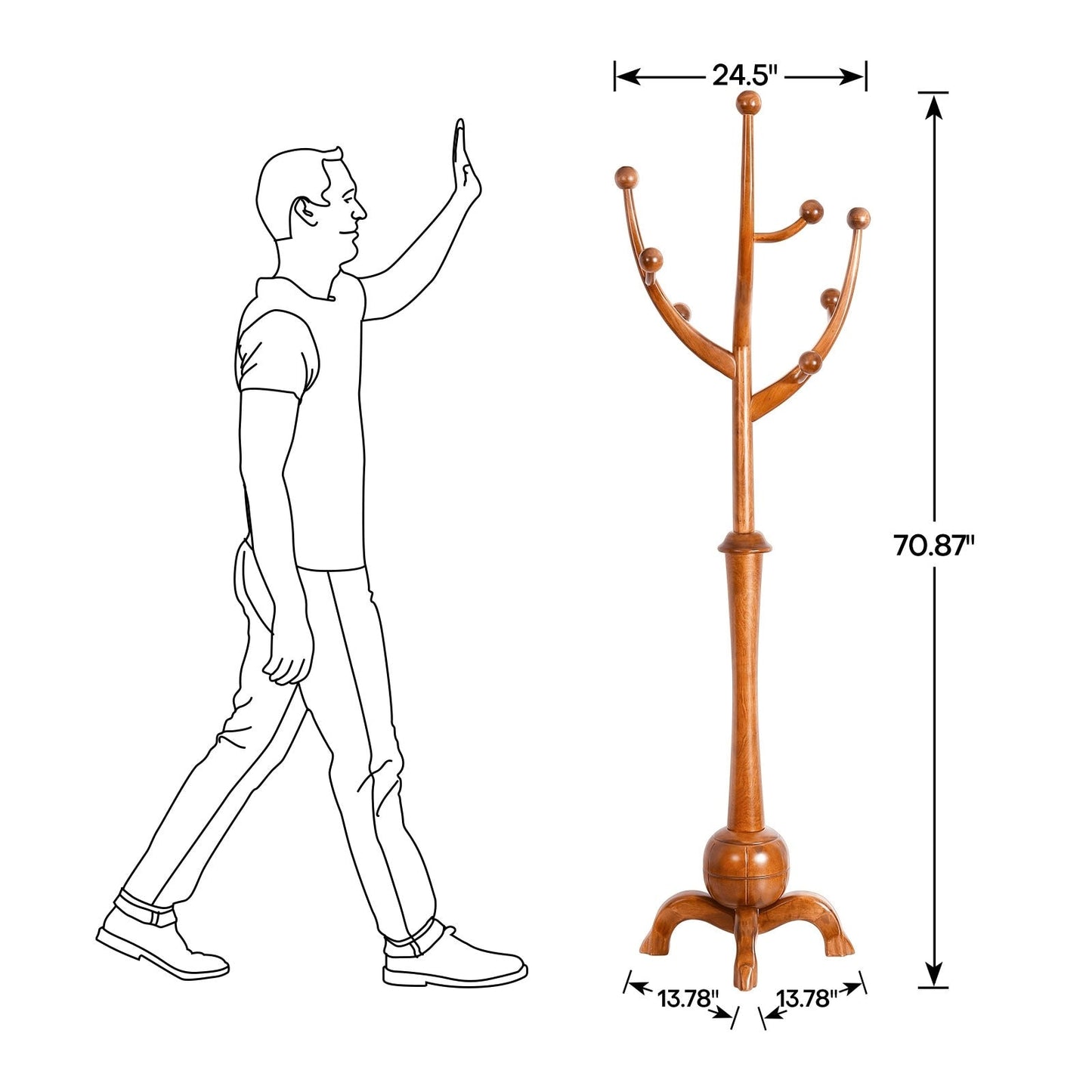 Porte-manteau sur pied en bois de caoutchouc imitation branche d'arbre avec 8 crochets - 62,2 cm L x 179,5 cm H