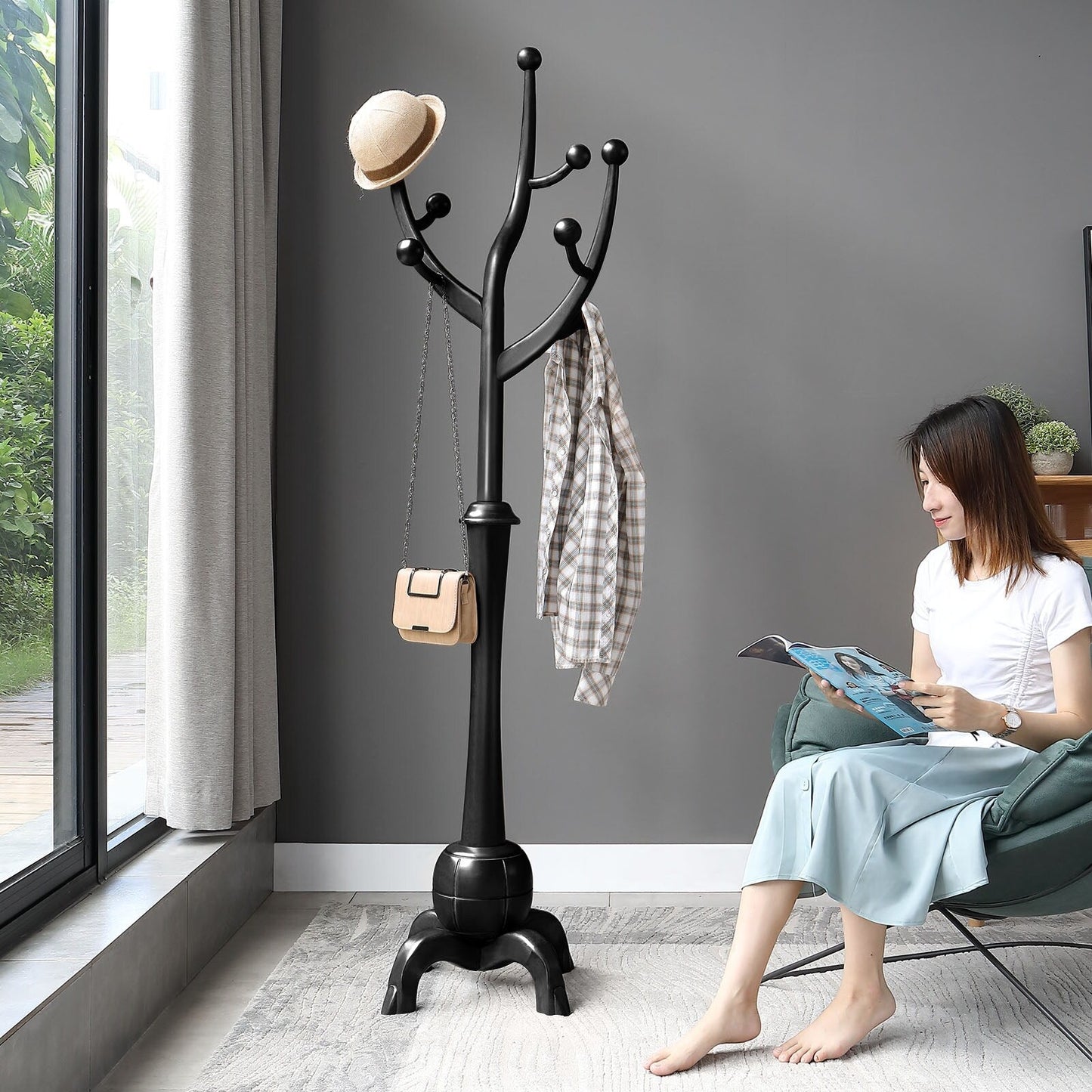 Porte-manteau sur pied en bois de caoutchouc imitation branche d'arbre avec 8 crochets - 62,2 cm L x 179,5 cm H