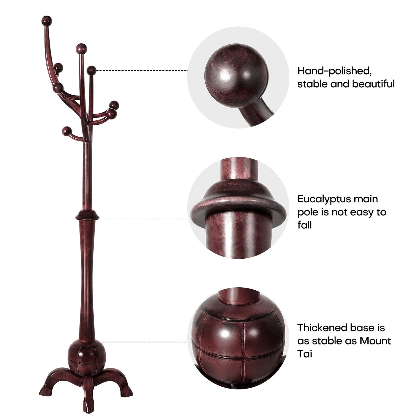 Porte-manteau sur pied en bois de caoutchouc imitation branche d'arbre avec 8 crochets - 62,2 cm L x 179,5 cm H