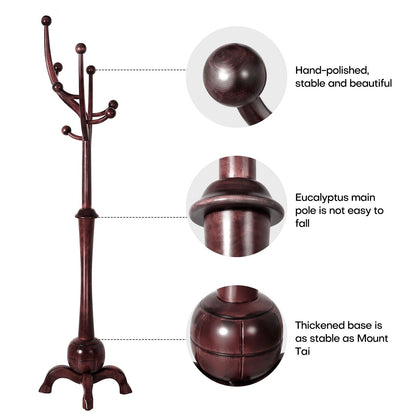 Porte-manteau sur pied en bois de caoutchouc imitation branche d'arbre avec 8 crochets - 62,2 cm L x 179,5 cm H