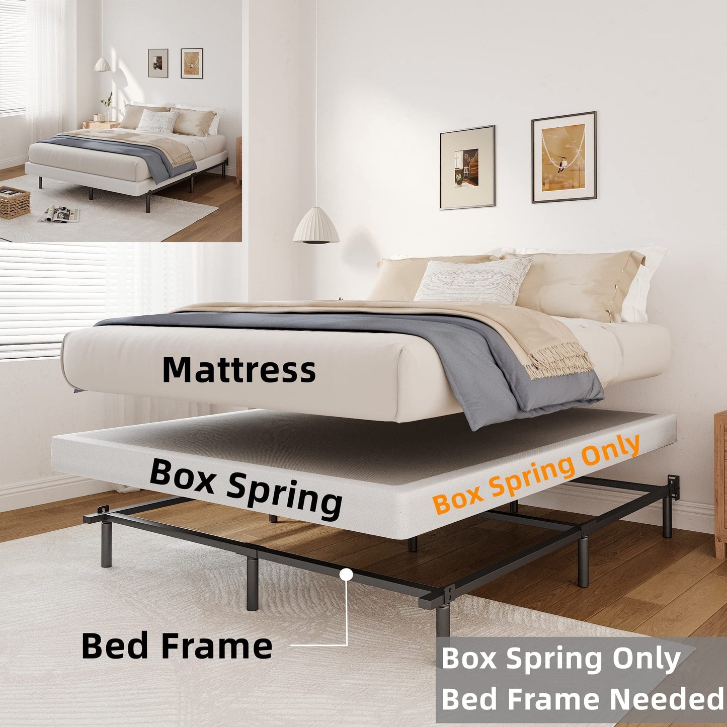 Ressort métallique à profil bas de 5 pouces, structure robuste avec revêtement gris.