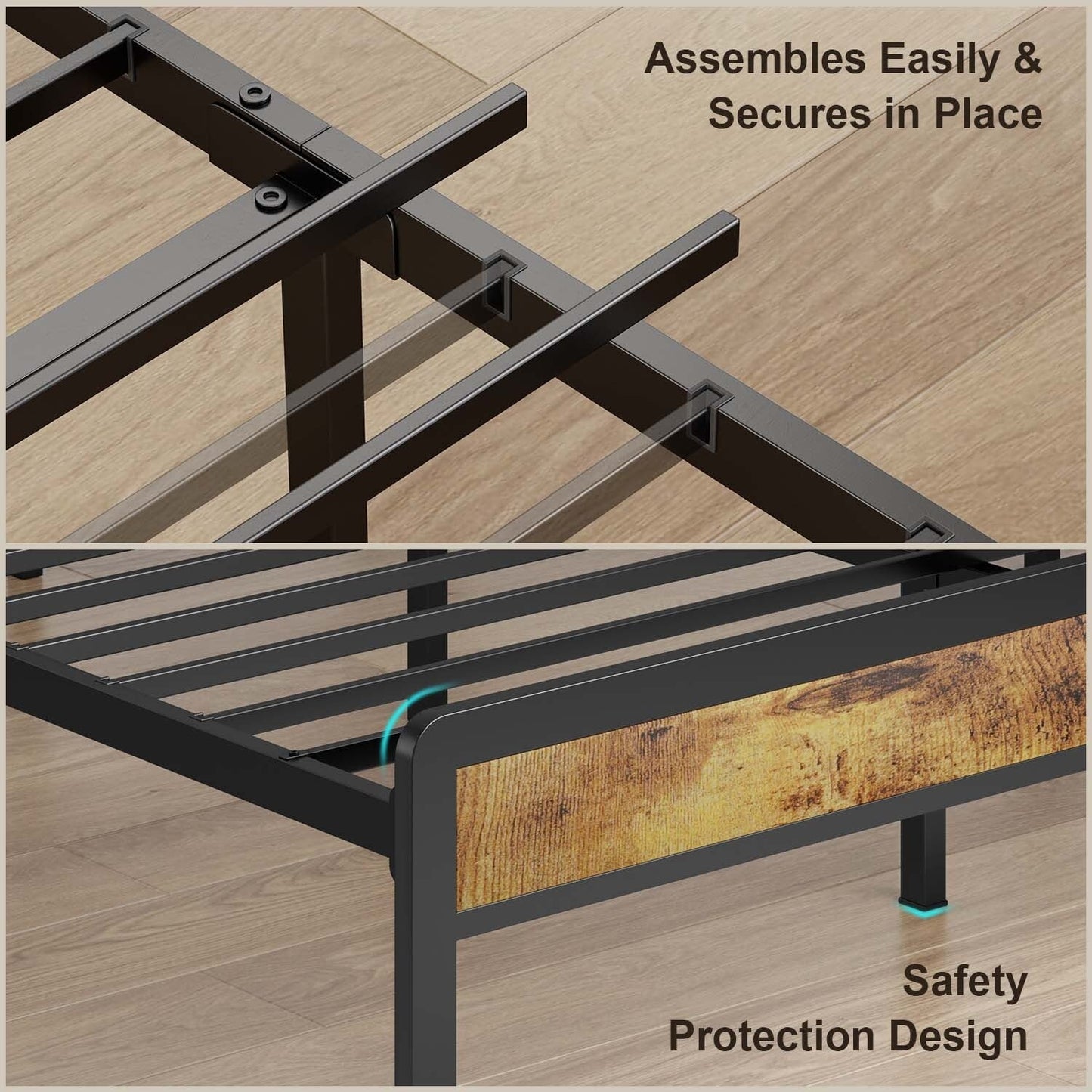 Cadre de lit à plateforme en métal pour matelas Twin / Double / Queen / King avec tête de lit rembourrée et rangement.
