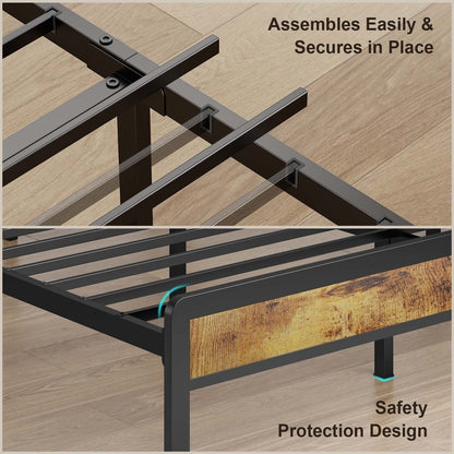 Cadre de lit à plateforme en métal pour matelas Twin / Double / Queen / King avec tête de lit rembourrée et rangement.