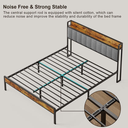 Cadre de lit à plateforme en métal pour matelas Twin / Double / Queen / King avec tête de lit rembourrée et rangement.