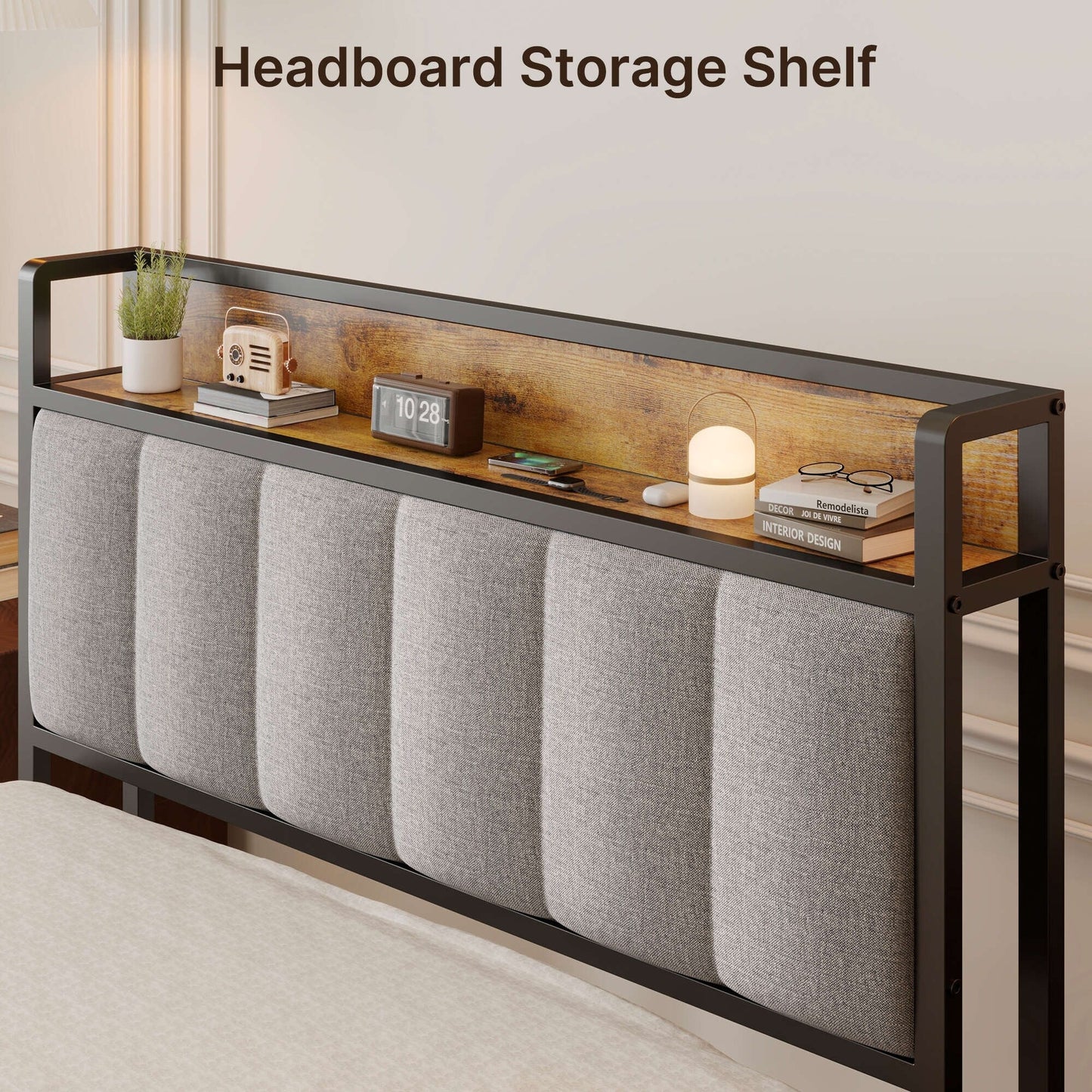 Cadre de lit à plateforme en métal pour matelas Twin / Double / Queen / King avec tête de lit rembourrée et rangement.