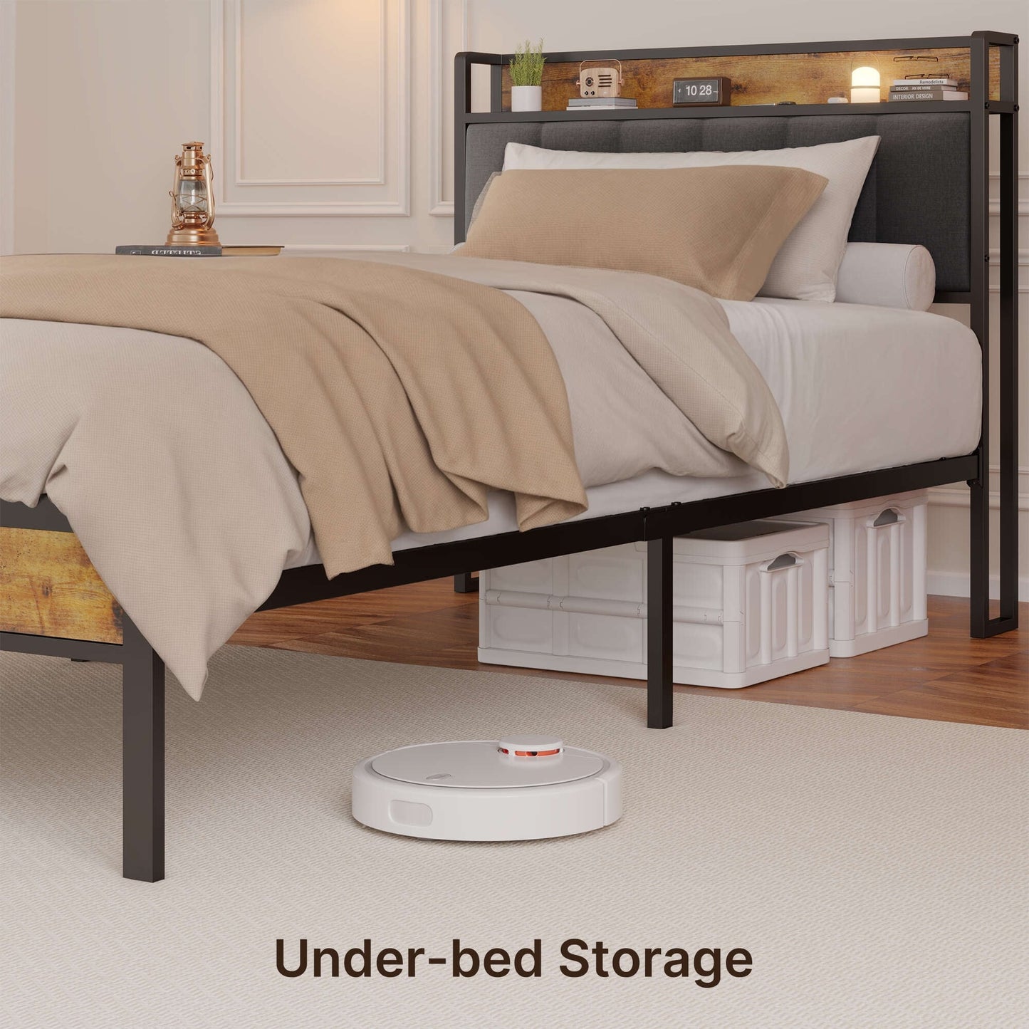 Cadre de lit à plateforme en métal pour matelas Twin / Double / Queen / King avec tête de lit rembourrée et rangement.