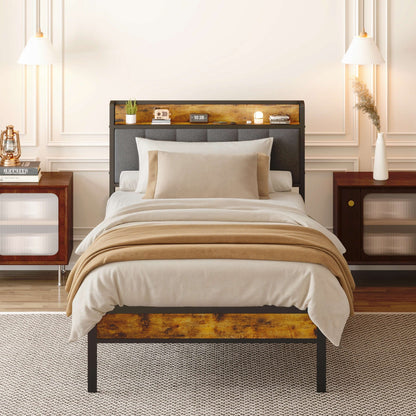 Cadre de lit à plateforme en métal pour matelas Twin / Double / Queen / King avec tête de lit rembourrée et rangement.