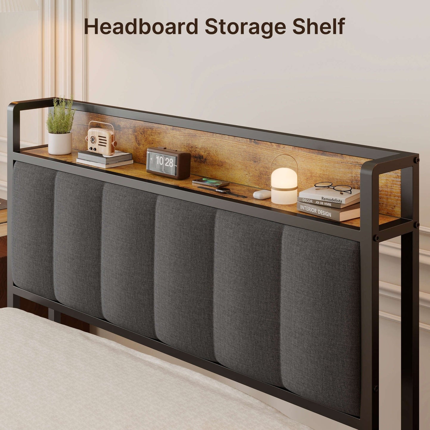 Cadre de lit à plateforme en métal pour matelas Twin / Double / Queen / King avec tête de lit rembourrée et rangement.