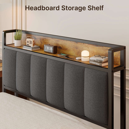 Cadre de lit à plateforme en métal pour matelas Twin / Double / Queen / King avec tête de lit rembourrée et rangement.
