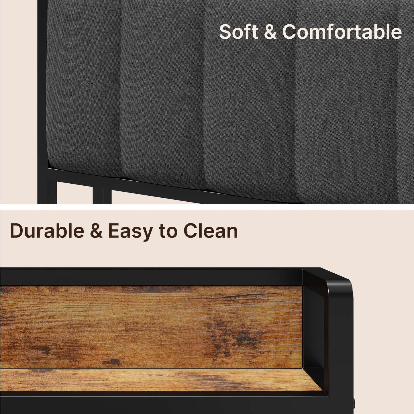 Cadre de lit à plateforme en métal pour matelas Twin / Double / Queen / King avec tête de lit rembourrée et rangement.