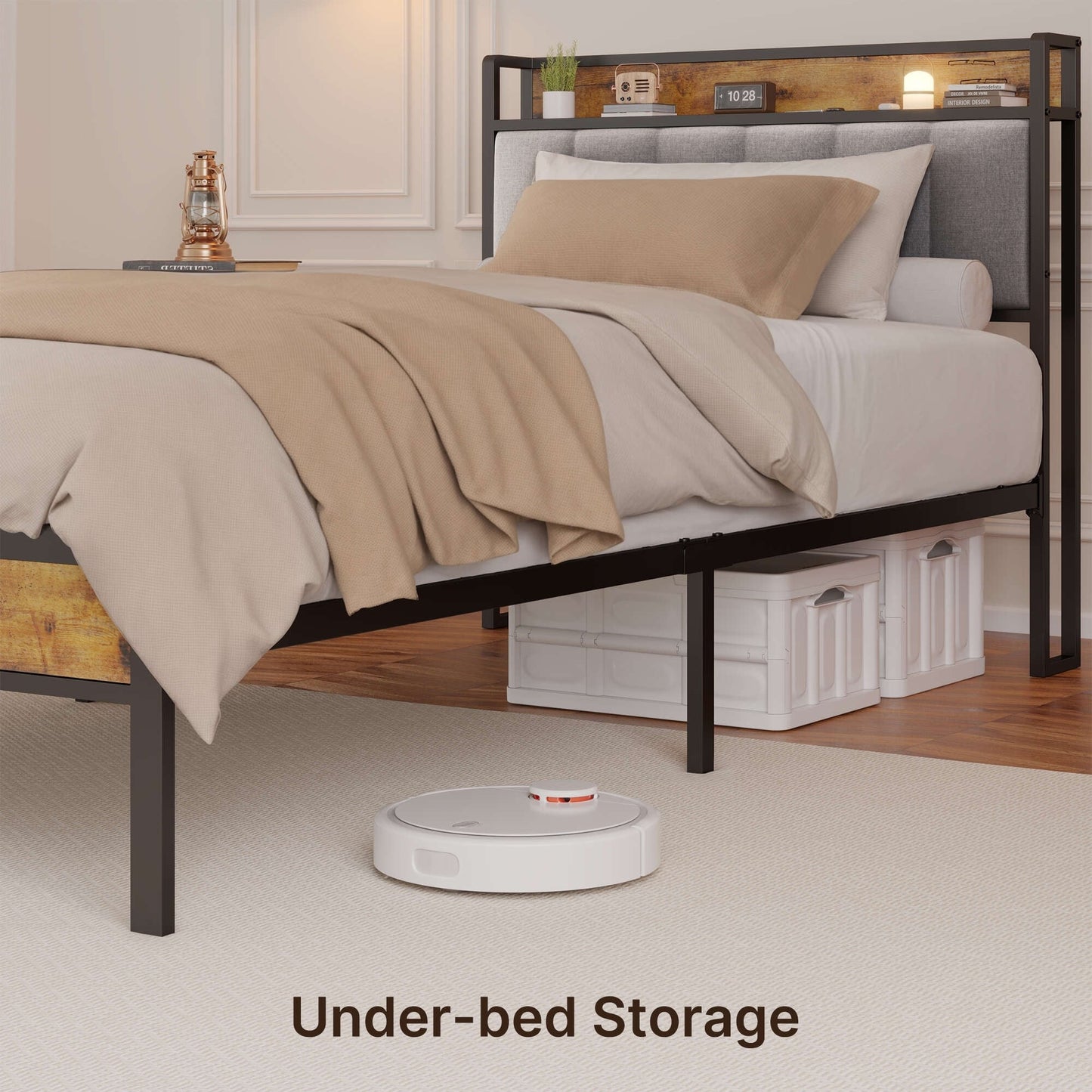 Cadre de lit à plateforme en métal pour matelas Twin / Double / Queen / King avec tête de lit rembourrée et rangement.