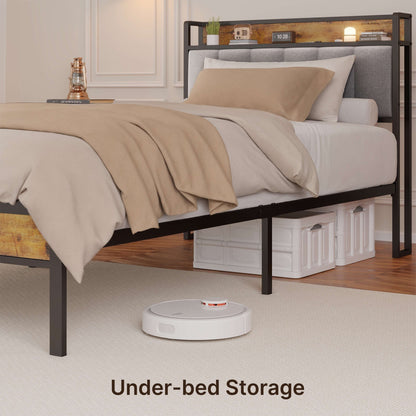 Cadre de lit à plateforme en métal pour matelas Twin / Double / Queen / King avec tête de lit rembourrée et rangement.