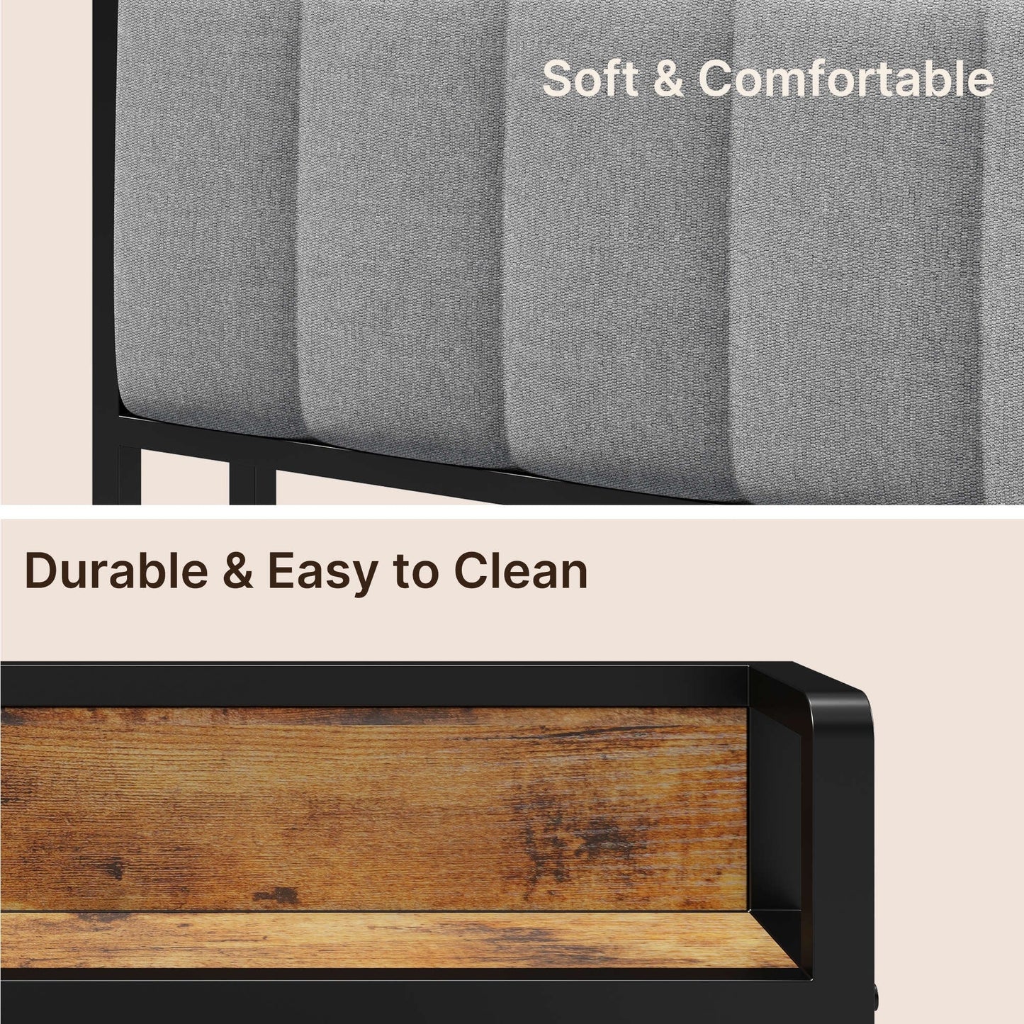 Cadre de lit à plateforme en métal pour matelas Twin / Double / Queen / King avec tête de lit rembourrée et rangement.