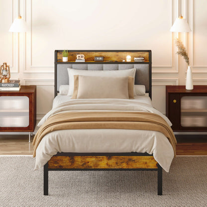 Cadre de lit à plateforme en métal pour matelas Twin / Double / Queen / King avec tête de lit rembourrée et rangement.