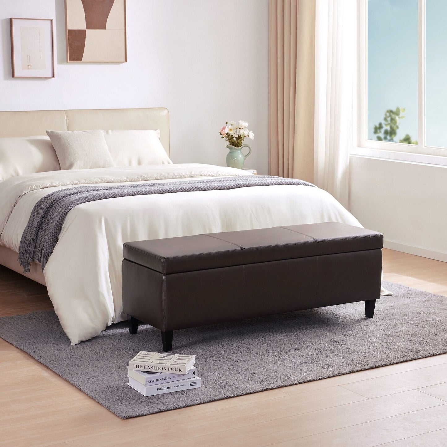 Ottoman rectangulaire de rangement recouvert de simili cuir - 50,3 x 17,50 x 18 pouces