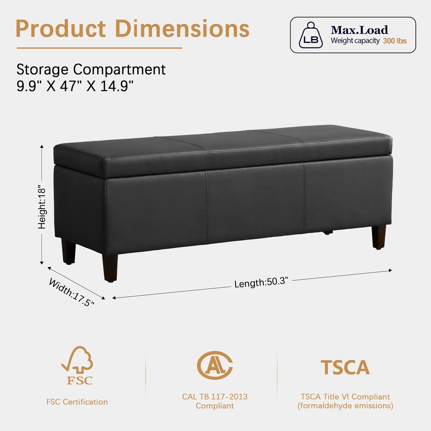 Ottoman rectangulaire de rangement recouvert de simili cuir - 50,3 x 17,50 x 18 pouces