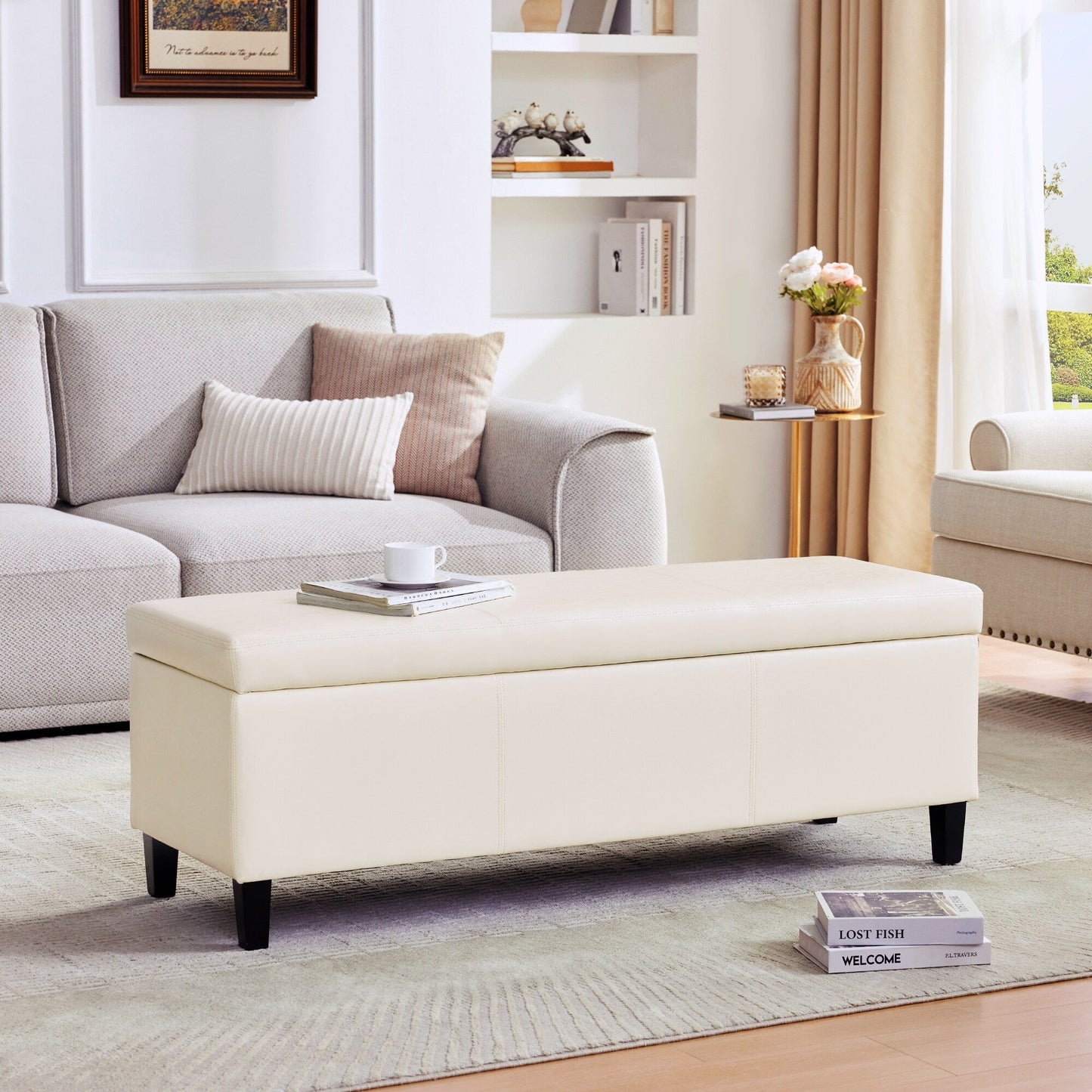 Ottoman rectangulaire de rangement recouvert de simili cuir - 50,3 x 17,50 x 18 pouces