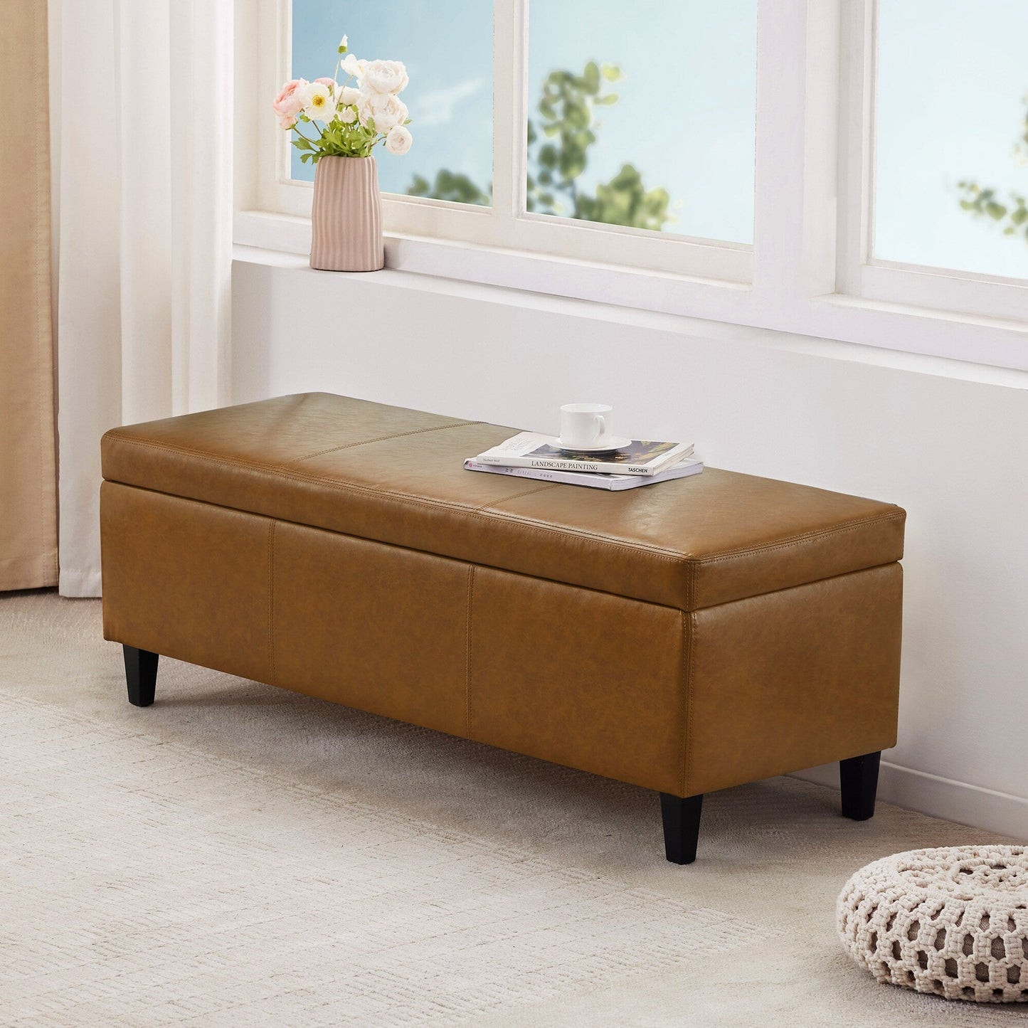 Ottoman rectangulaire de rangement recouvert de simili cuir - 50,3 x 17,50 x 18 pouces