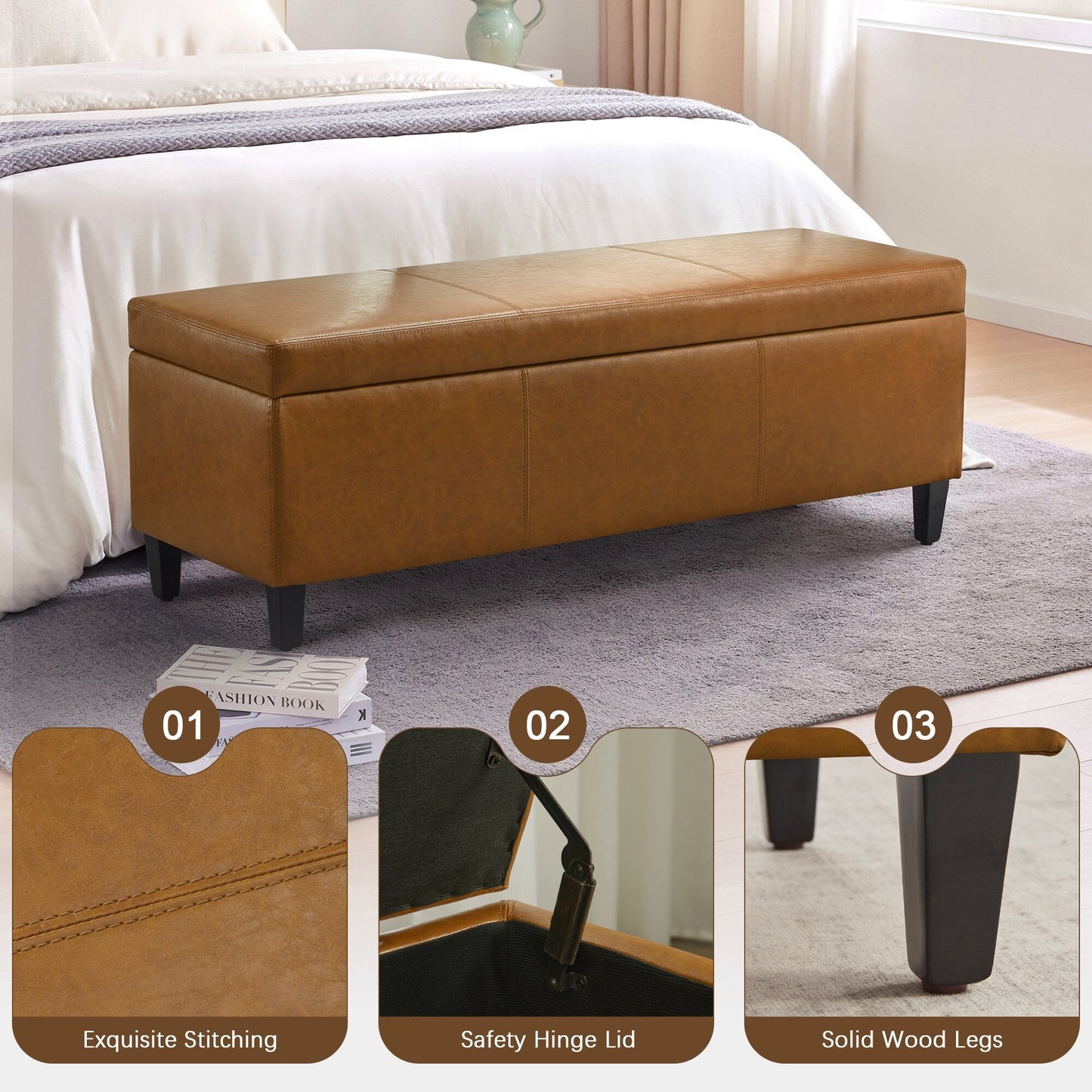 Ottoman rectangulaire de rangement recouvert de simili cuir - 50,3 x 17,50 x 18 pouces