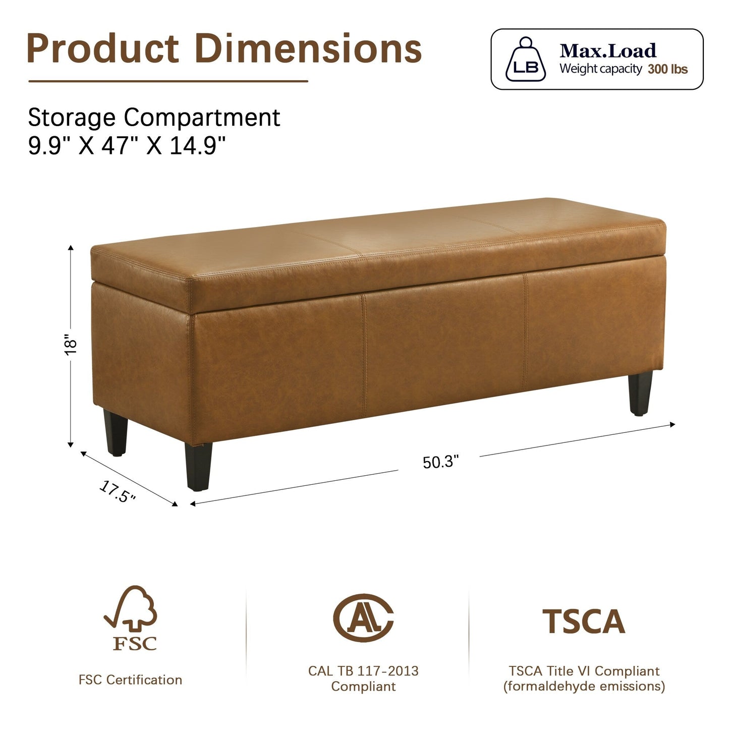 Ottoman rectangulaire de rangement recouvert de simili cuir - 50,3 x 17,50 x 18 pouces