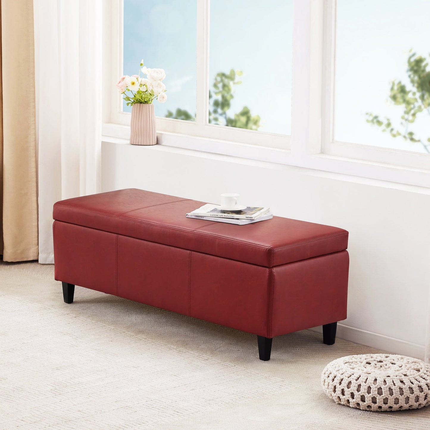 Ottoman rectangulaire de rangement recouvert de simili cuir - 50,3 x 17,50 x 18 pouces