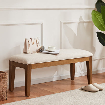 Banc d'entrée recouvert de tissu, banc de chambre à coucher pour le pied du lit, beige, en bois massif, 44 pouces