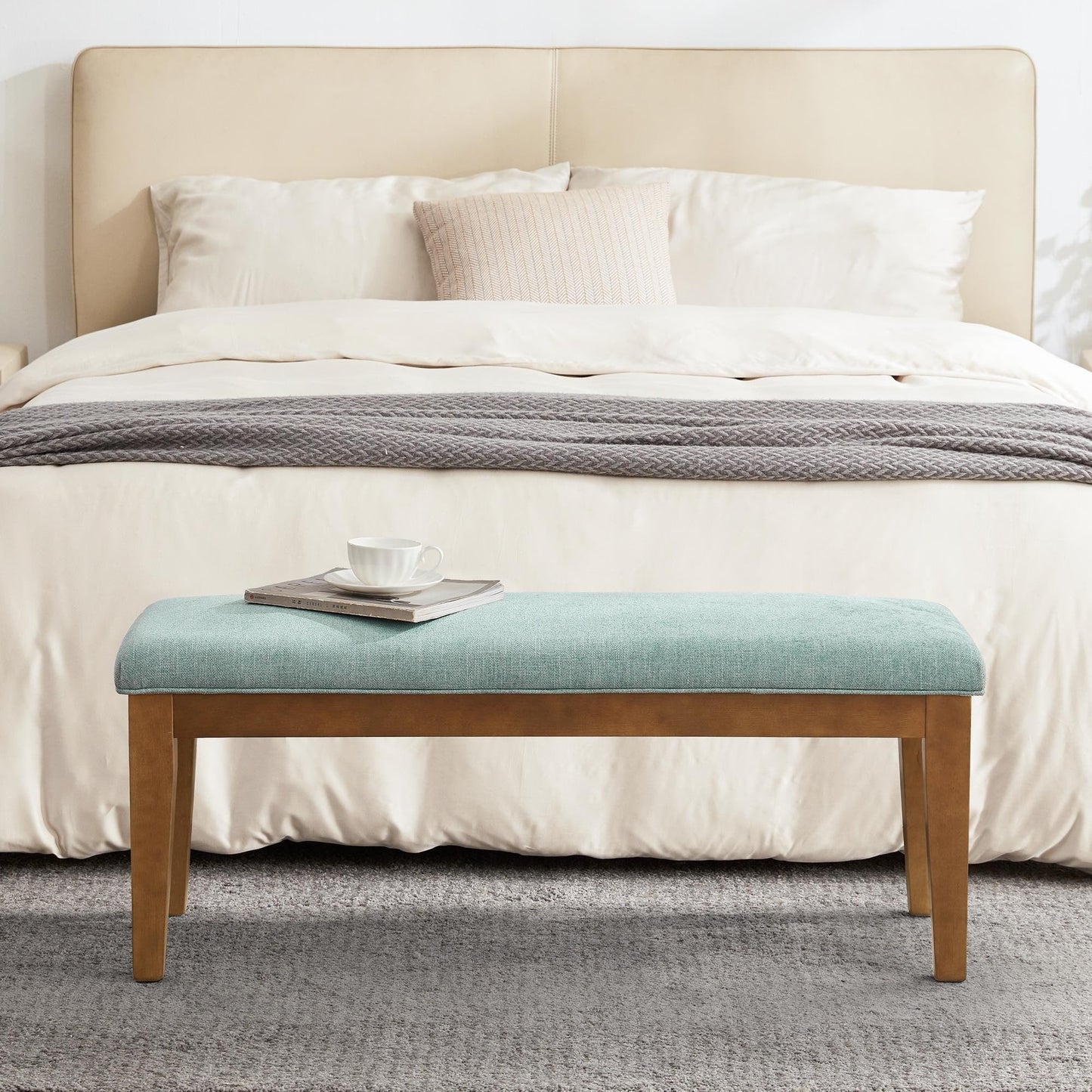 Banc d'entrée recouvert de tissu, banc de chambre à coucher pour le pied du lit, beige, en bois massif, 44 pouces