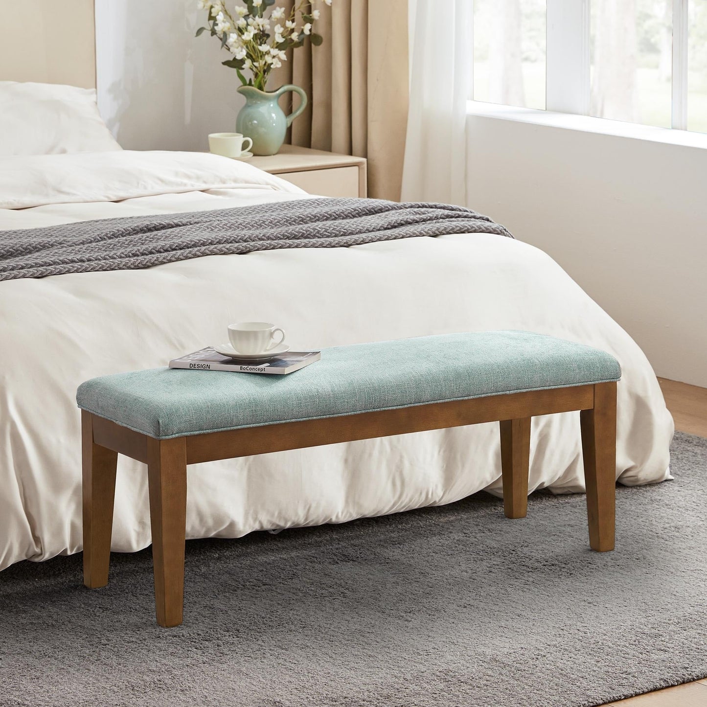 Banc d'entrée recouvert de tissu, banc de chambre à coucher pour le pied du lit, beige, en bois massif, 44 pouces