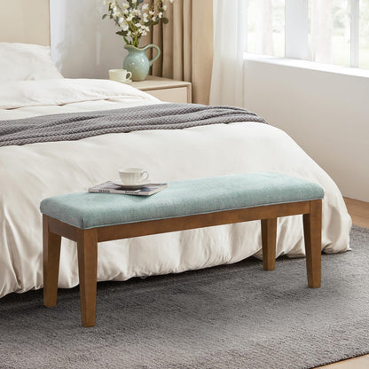 Banc d'entrée recouvert de tissu, banc de chambre à coucher pour le pied du lit, beige, en bois massif, 44 pouces
