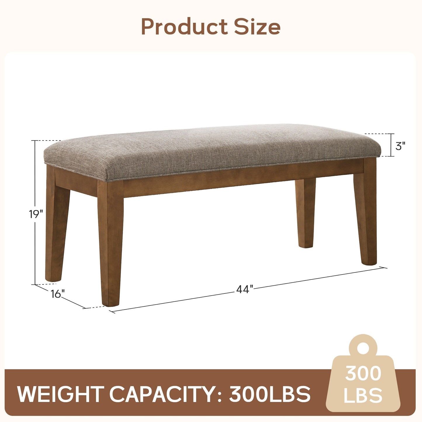 Banc d'entrée recouvert de tissu, banc de chambre à coucher pour le pied du lit, beige, en bois massif, 44 pouces