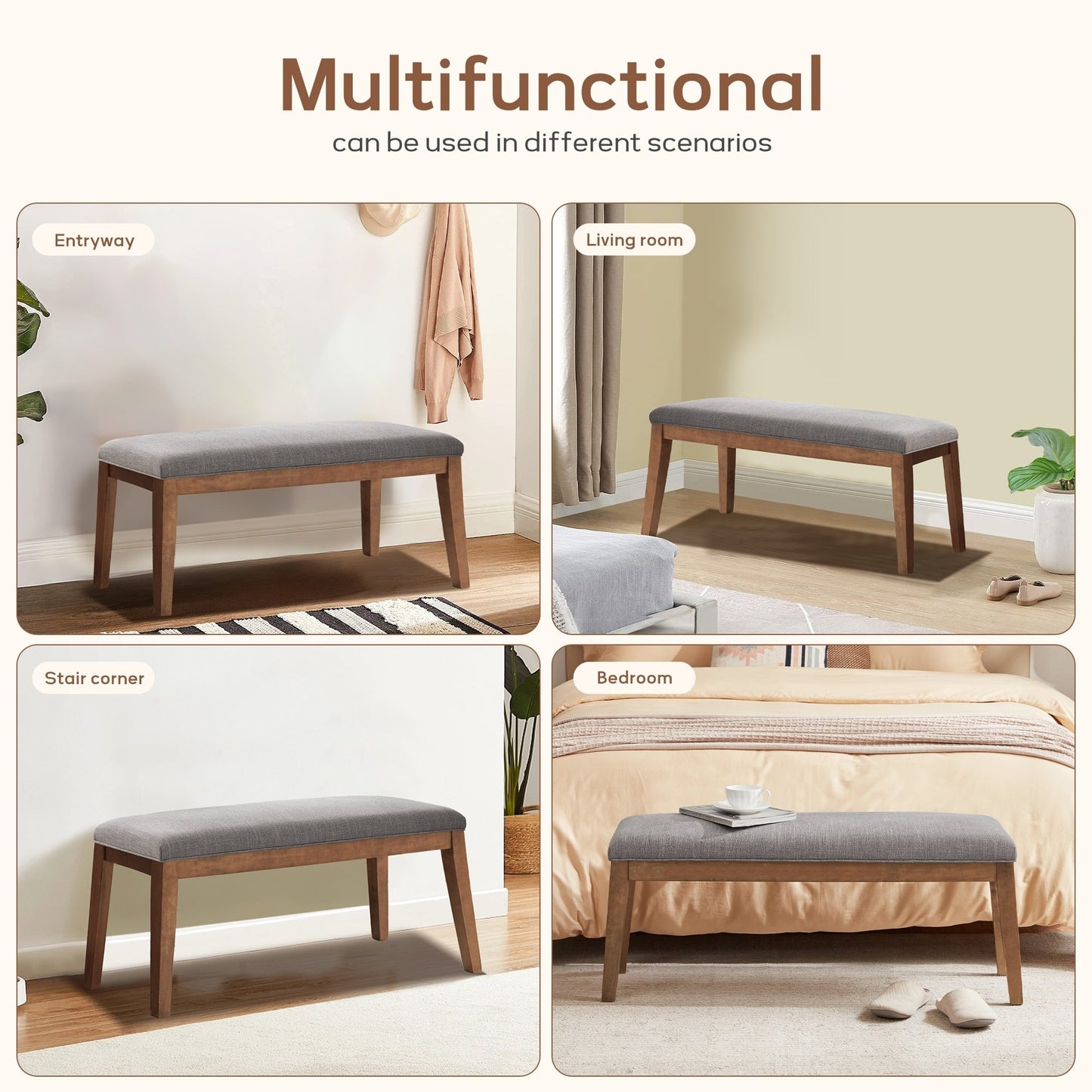 Banc d'entrée recouvert de tissu, banc de chambre à coucher pour le pied du lit, beige, en bois massif, 44 pouces