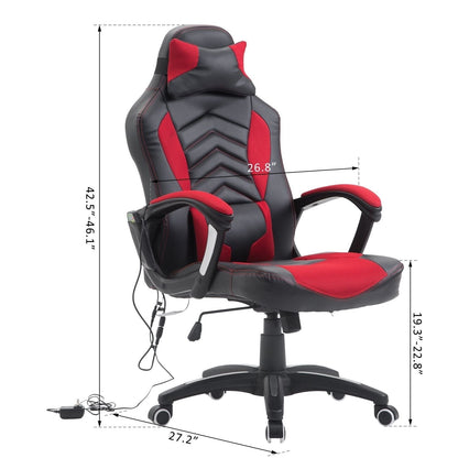 Chaise de jeu informatique avec massage vibratoire à 6 points, 5 modes, style de course, chaise de bureau chauffante pivotante sur roulettes avec repose-tête.