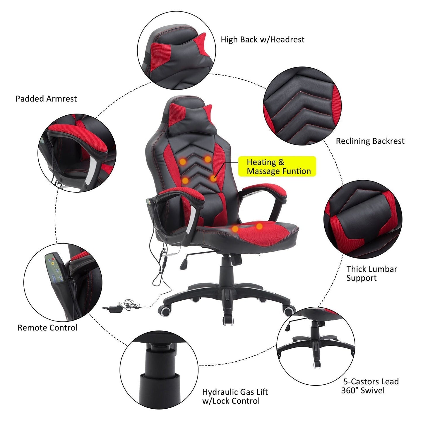 Chaise de jeu informatique avec massage vibratoire à 6 points, 5 modes, style de course, chaise de bureau chauffante pivotante sur roulettes avec repose-tête.